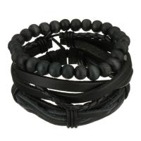 Leather Bracelet Set, with Waxed Cotton Cord & Wood, Unisex, black, 8-16mm Approx 7-10 Inch 
