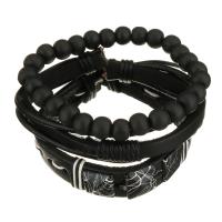 Leather Bracelet Set, with Waxed Cotton Cord & Wood, Unisex, black, 8-17mm Approx 7-10 Inch 