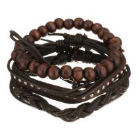 Leather Bracelet Set, with Waxed Cotton Cord & Wood, Unisex, black and brown, 9-18mm Approx 7-10 Inch 