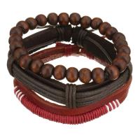 Leather Bracelet Set, with Waxed Cotton Cord & Wood, Unisex, brown, 8-16mm Approx 7-10 Inch 
