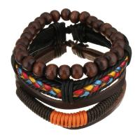 Leather Bracelet Set, with Waxed Cotton Cord & Wood, Unisex, black and brown, 8-21mm Approx 7-10 Inch 