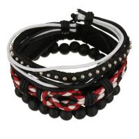 Leather Bracelet Set, with Waxed Cotton Cord & Wood & Iron, Unisex, black and red, 8-14mm Approx 7-10 Inch 