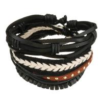 Leather Bracelet Set, with Waxed Cotton Cord & Wood, Unisex, black, 7-18mm Approx 7-10 Inch 