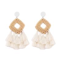 Fashion Tassel Earring, Rattan, with Zinc Alloy, stainless steel post pin, platinum color plated, for woman 85*35uff4duff4d 
