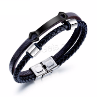 PU Leather Bracelet, with Stainless Steel, for man, black Inch 