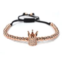 Brass Woven Ball Bracelets, with Nylon Cord, Crown, plated, adjustable & micro pave cubic zirconia & for woman 4mm Approx 4.7-10.2 Inch 