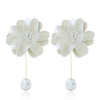 Cloth Drop Earring, with Plastic Pearl, Flower, plated, for woman, white 