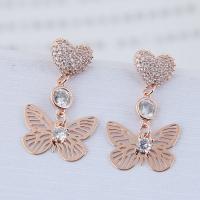 Zinc Alloy Rhinestone Drop Earring, stainless steel post pin, Butterfly, plated, for woman & with rhinestone 25*15mm 