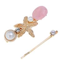 Hair Slide, Zinc Alloy, with Resin & Plastic Pearl, gold color plated, 2 pieces & for woman & with rhinestone nickel, lead & cadmium free, 60*27mm,55mm 