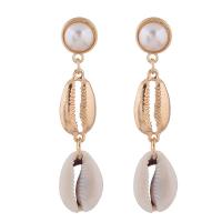 Seashell Earrings, Zinc Alloy, with Shell & Plastic Pearl, stainless steel post pin, gold color plated, for woman, nickel, lead & cadmium free, 60*14mm 