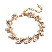 Zinc Alloy Rhinestone Bracelets, with Plastic Pearl, plated, for woman & with rhinestone, golden Approx 7.4 Inch 
