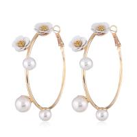 Zinc Alloy Hoop Earring, with Plastic Pearl, gold color plated, for woman, white 