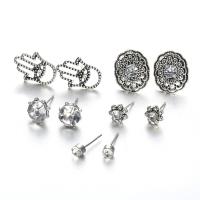 Zinc Alloy Stud Earring Set, with Crystal, plated, 5 pieces & vintage & multilayer, silver color, 4mm,8mm,9mm,17mm,18mm 
