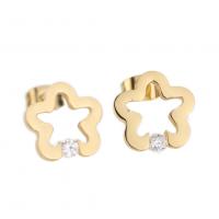 Titanium Steel Earrings, Star, gold color plated, for woman & with rhinestone & hollow, 13mm 
