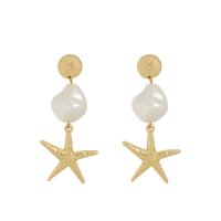 Plastic Pearl Zinc Alloy Earring, with Plastic Pearl, Starfish, plated, for woman, golden 