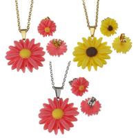 Fashion Stainless Steel Jewelry Sets, Stud Earring & necklace, with Resin, Flower, oval chain & for woman 2mm,13mm Approx 19 Inch 