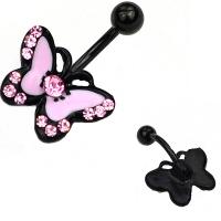 Stainless Steel Belly Ring, Butterfly, Unisex & with rhinestone, pink, 5MM*1.6*11MM 