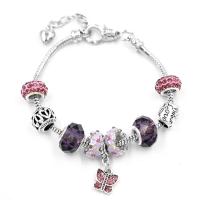 Zinc Alloy European Bracelets, with Rhinestone Clay Pave & Crystal & Lampwork, silver color plated, snake chain & for woman, purple Approx 7.4 Inch 