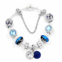 Zinc Alloy European Bracelets, with Crystal & Lampwork, silver color plated, snake chain & for woman & with rhinestone, blue Approx 7.8 Inch 