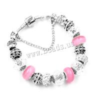 Zinc Alloy European Bracelets, with Cats Eye & Crystal, silver color plated, snake chain & for woman & with rhinestone, pink Approx 7.8 Inch 