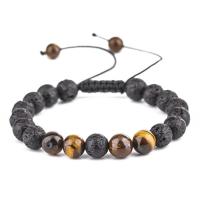 Tiger Eye Stone Bracelets, with Waxed Nylon Cord & Lava, Round, stoving varnish, Unisex, grey, 8mm Approx 7 Inch 