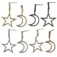 Brass Asymmetric Earrings, Moon and Star, plated, micro pave cubic zirconia 45mm 39m 