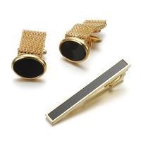 Brass Tie Clip Cufflink Set, tie clip & cufflink, with Black Agate, gold color plated, three pieces & for man  