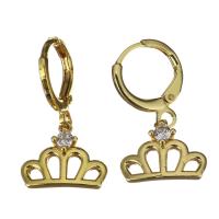 Brass Huggie Hoop Drop Earring, Crown, micro pave cubic zirconia & for woman, gold, 24mm 