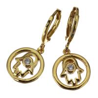 Brass Huggie Hoop Drop Earring, Hamsa, micro pave cubic zirconia & for woman, gold, 27mm 