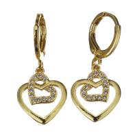 Brass Huggie Hoop Drop Earring, Heart, micro pave cubic zirconia & for woman, gold, 28mm 