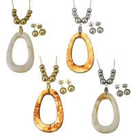 Fashion Stainless Steel Jewelry Sets, Stud Earring & necklace, with Resin, with 2inch extender chain, oval chain & for woman 1.5mm,8mm Approx 17 Inch 