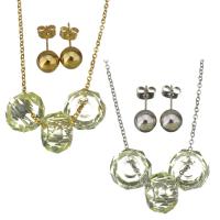 Fashion Stainless Steel Jewelry Sets, Stud Earring & necklace, with Crystal, with 2inch extender chain, oval chain & for woman 1.5mm,,8mm Approx 17 Inch 