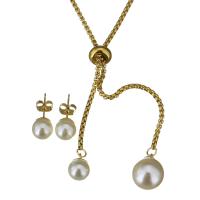Fashion Stainless Steel Jewelry Sets, Stud Earring & necklace, with Plastic Pearl, box chain & for woman, gold 2mm,8mm Approx 19 Inch 