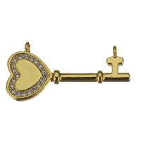 Messing Schlüssel Anhänger, Herz und Schlüssel, Micro pave Zirkonia & Doppelloch, Goldfarbe, 26x13x2mm, Bohrung:ca. 1.5mm, verkauft von PC