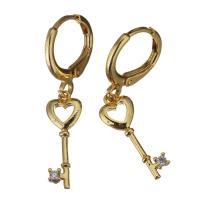 Brass Huggie Hoop Drop Earring, heart and key, micro pave cubic zirconia & for woman, 31mm 