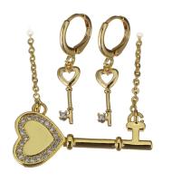 Cubic Zirconia Micro Pave Brass Jewelry Sets, earring & necklace, with 2Inch extender chain, heart and key, micro pave cubic zirconia & for woman 1.2mm,31mm Approx 17 Inch 