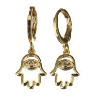 Brass Huggie Hoop Drop Earring, Hamsa, micro pave cubic zirconia & for woman, 27mm 