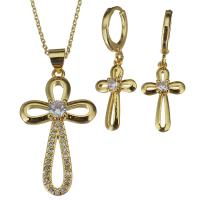 Cubic Zirconia Micro Pave Brass Jewelry Sets, earring & necklace, with 2Inch extender chain, micro pave cubic zirconia & for woman, gold 1.2mm,32mm Approx 17 Inch 