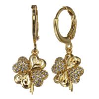 Brass Huggie Hoop Drop Earring, Four Leaf Clover, micro pave cubic zirconia & for woman, gold, 28mm 