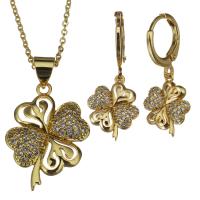 Cubic Zirconia Micro Pave Brass Jewelry Sets, earring & necklace, with 2Inch extender chain, Four Leaf Clover, micro pave cubic zirconia & for woman, gold 1.2mm,28mm Approx 17 Inch 
