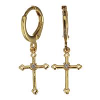 Brass Huggie Hoop Earring, Cross, micro pave cubic zirconia & for woman, gold, 30mm 