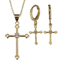 Cubic Zirconia Micro Pave Brass Jewelry Sets, earring & necklace, with 2Inch extender chain, Cross, micro pave cubic zirconia & for woman, gold 1.2mm,30mm Approx 17 Inch 