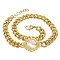 Stainless Steel Chain Bracelets, with White Shell, Flat Round, plated, twist oval chain & for woman Approx 6.3-7.8 Inch 
