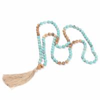 Picture Jasper Sweater Necklace, with Cotton Thread & turquoise, Tassel, for woman, 8mm Approx 43.3 Inch 