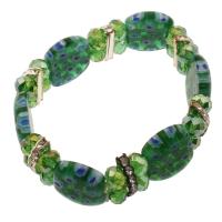 Millefiori Lampwork Bracelet, with Iron, antique silver color plated, for woman & with rhinestone, green  Approx 7.5 Inch 