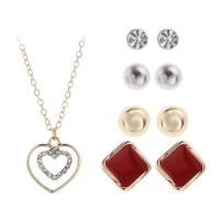 Enamel Zinc Alloy Jewelry Sets, Stud Earring & necklace, with Plastic Pearl, stainless steel post pin, plated, 5 pieces & for woman & with rhinestone .7 Inch 