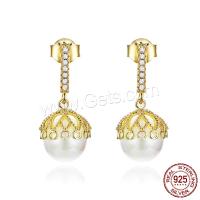 Sterling Silver Drop Earring, 925 Sterling Silver, with Shell Pearl, Round, real gold plated, with rhinestone 