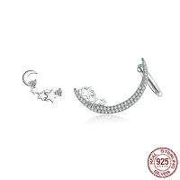 925 Sterling Silver Stud Earring, Moon, platinum plated, micro pave cubic zirconia  