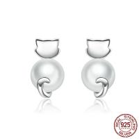 925 Sterling Silver Stud Earring, with Shell Pearl, Cat, platinum plated 