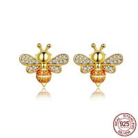 925 Sterling Silver Stud Earring, Bee, real gold plated, micro pave cubic zirconia 